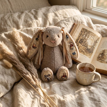 Embroidered storybook accents on the ears of the Bunny Plush.