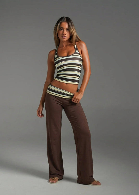 Paradise Stripe Set racerback tank in brown, sage, and cream stripes.