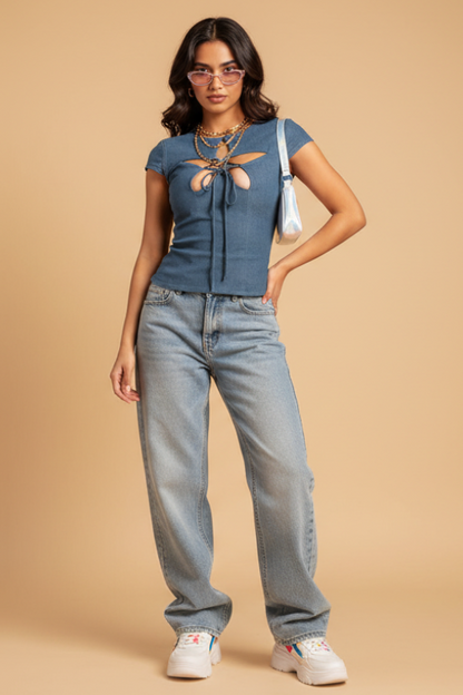 Denim Star Top with a star-shaped cutout laced through with ties.