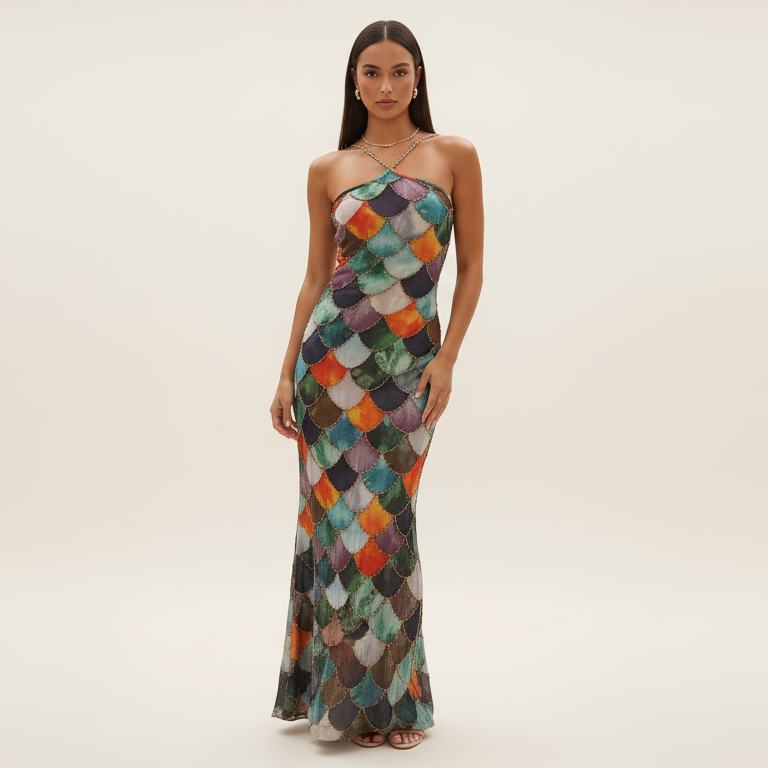 Halter Mermaid Dress with hand-stitched, color-shifting scale panels.