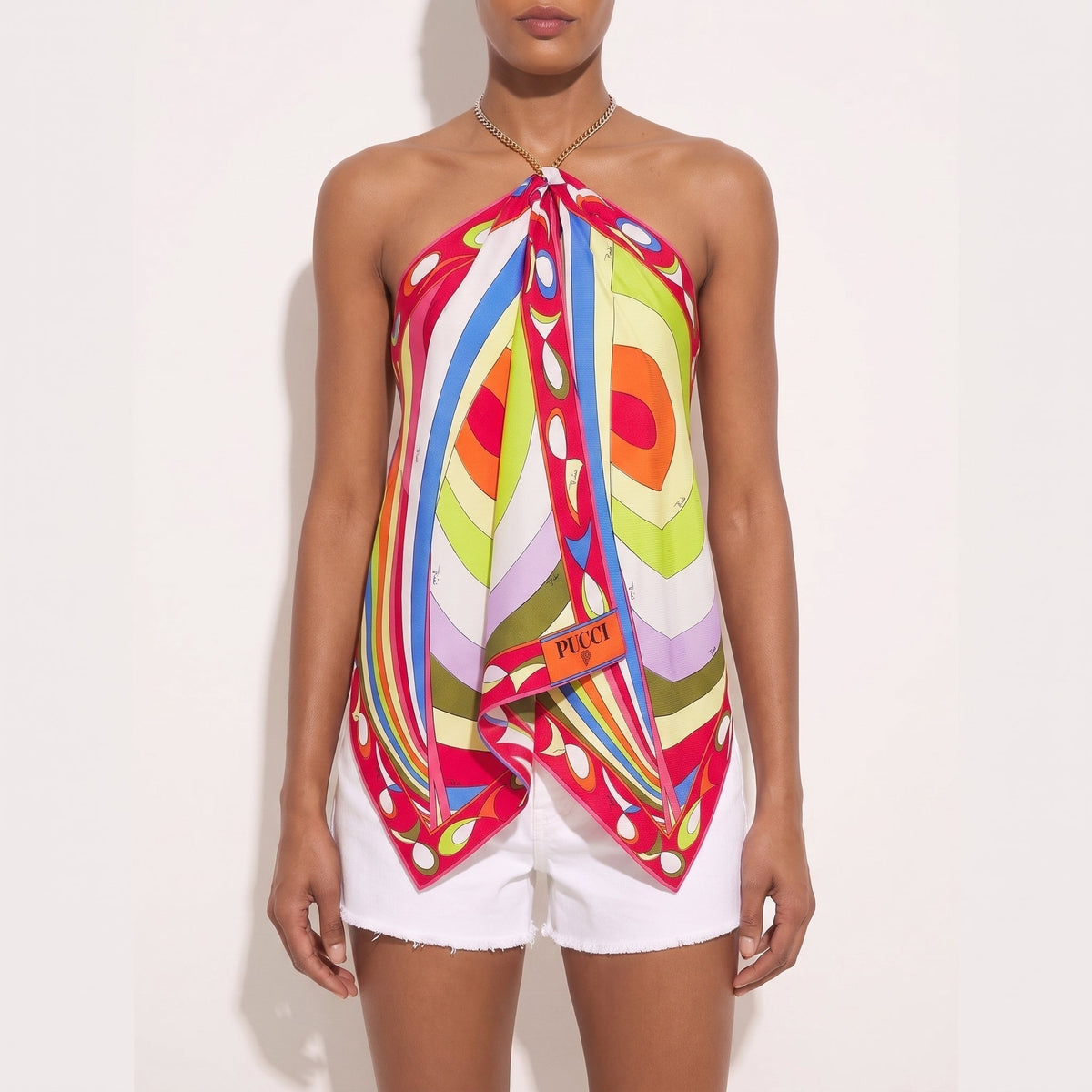 Iride Scarf Top styled with high-waisted flares.