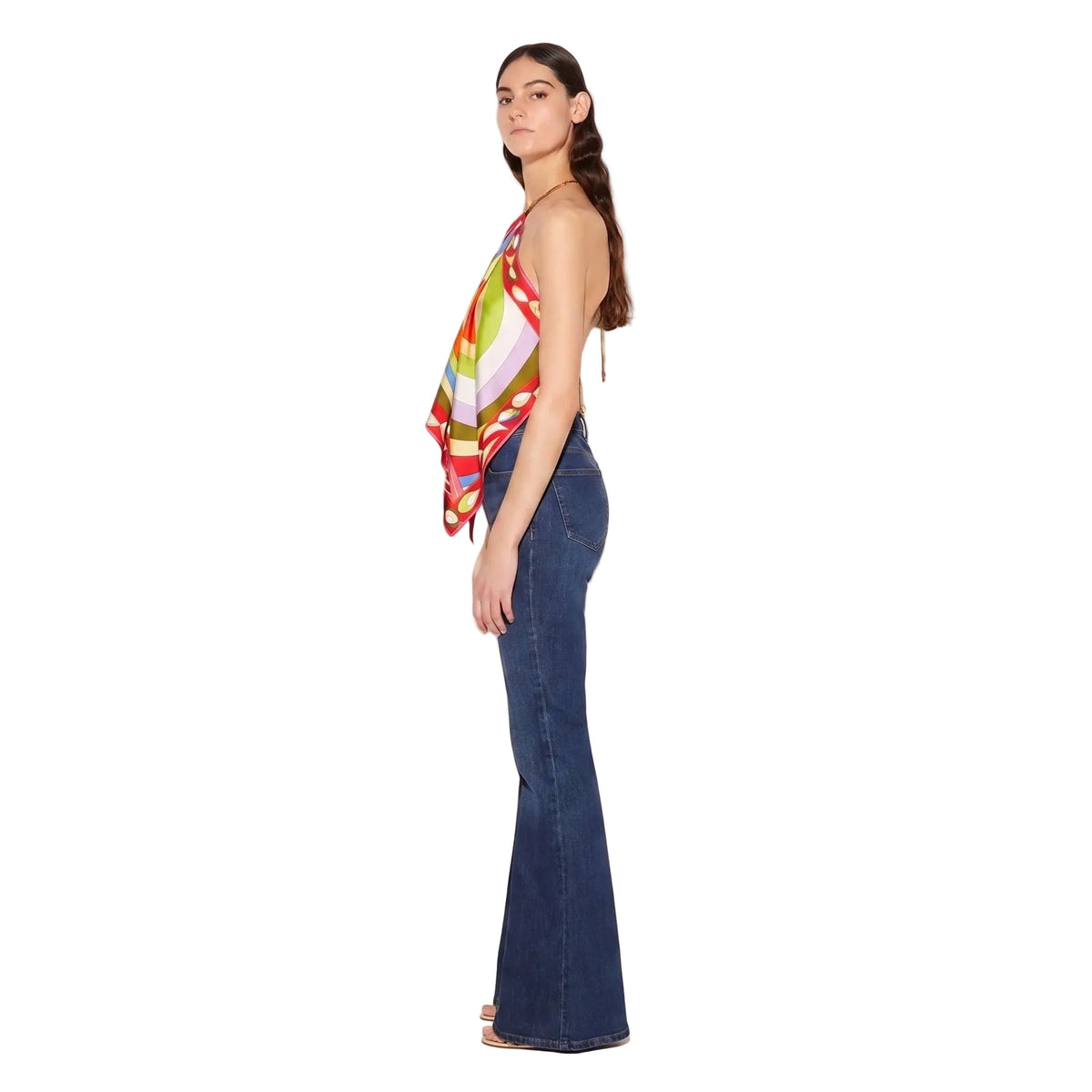 Iride Scarf Top tied high at the neck in a halter silhouette.