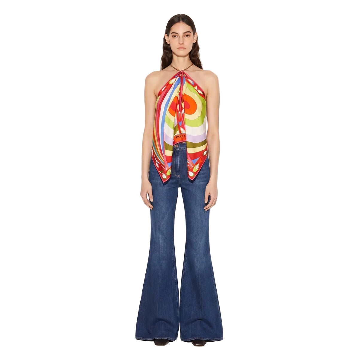 Iride Scarf Top in a red, citrus green, ivory, and lilac print.
