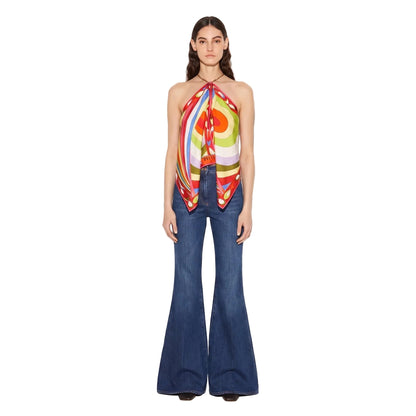 Iride Scarf Top in a red, citrus green, ivory, and lilac print.