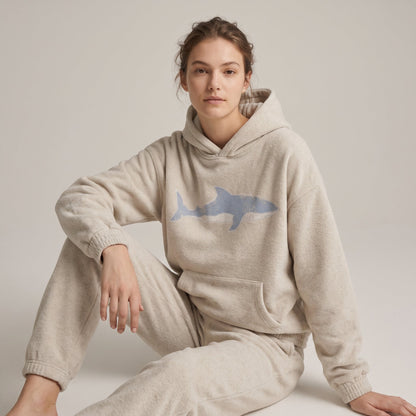Shark Bay Hoodie in oatmeal with a hand-drawn shark print.