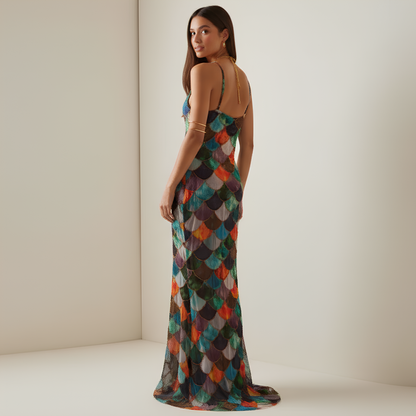 Body-skimming mermaid silhouette of the Halter Mermaid Dress.